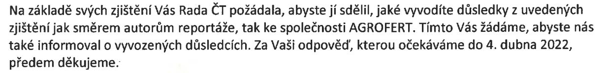 Z dopisu místopředsedy představenstva AGROFERT, a.s.